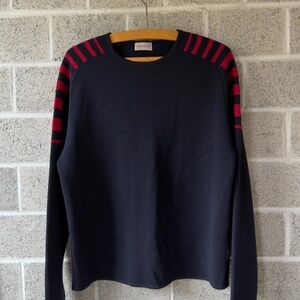 Versace Navy Crewneck Sweater with Red Shoulder Stripes